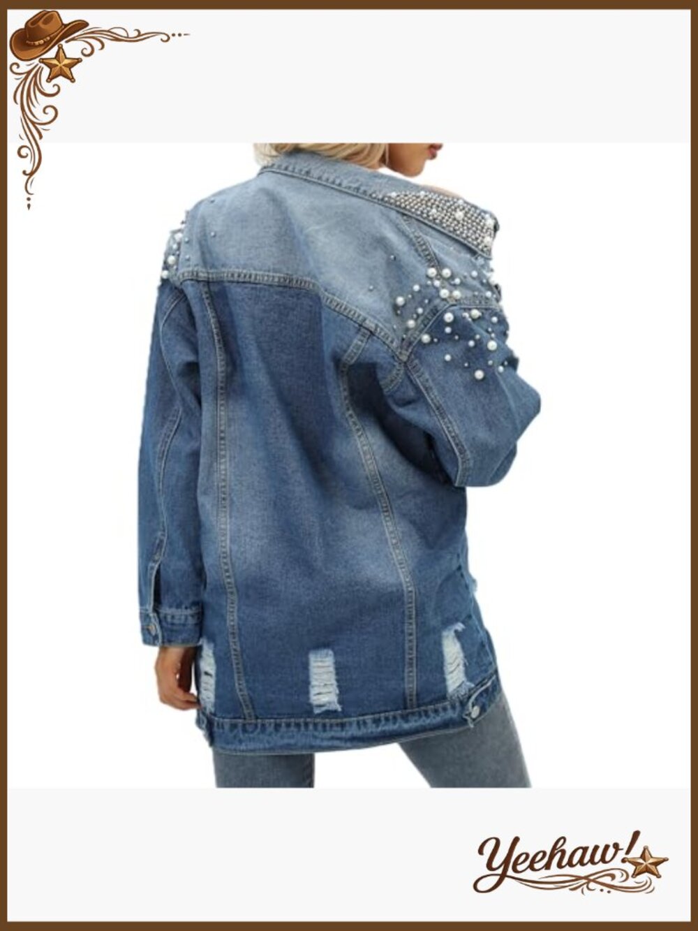 Long Sleeve Button Down Pearl Jean Jacket Boyfriend Denim Coat - Picture 2 of 7